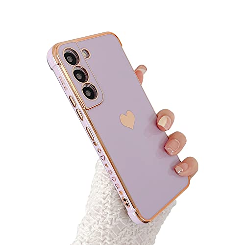 phylla Compatible with Samsung Galaxy S21+ Plus 6.7” 5g Case,Luxury Plating Cute Love Heart Side Small Pattern Phone Case,Full Camera Protection Soft Silicone Shockproof Bumper Cover (Purple)