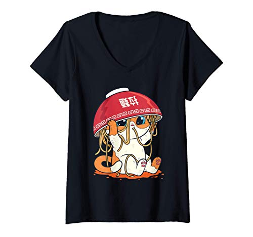 Femme Kawaii, fille mignonne de l'anime Cat Otaku, cadeau de T-Shirt avec Col en V
