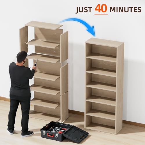 Image of Furniwell 71 inch Tall Bookcase Bookshelves, 6 Tier Floor Standing Bookcases Open Frame, Modern Display Storage Organizer for Home Office, Living Room, Bedroom, Study Room (Beige, 1 Pcs)