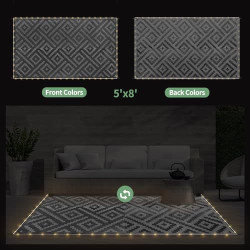Image of GENIMO Outdoor Rug with LED Strip Lights, 5'x8' Waterproof Camping Mat, Reversible Plastic Straw Rugs for Patio, RV, Camper, Balcony, Backyard, Picnic, Deck, Black & Gray