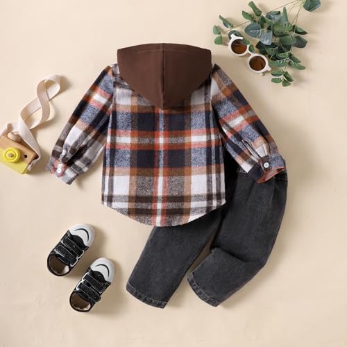 Image of Toddler Baby Boy Fall Winter Clothes Long Sleeve Plaid Hooded Sweatshirt Ripped Holes Jeans Set 1-5 Years Old