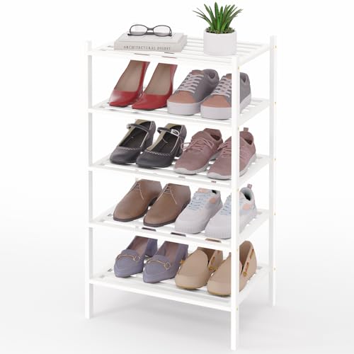 Image of Smiry Bamboo Shoe Rack, 5 Horizontal Slats, 5 Tier - 17.3 inch Wide, White