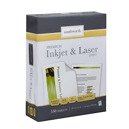 Southworth Inkjet & Laser Printer Paper, 8.5" x 11", 28 lb., Radiant White, 550 Sheets (91723-01) by Southworth - Used condition - US$15.27