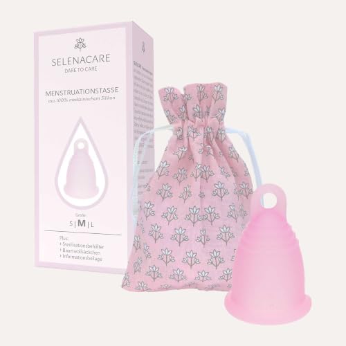 Selenacare Menstruationstasse Premium - waschbarer Periodencup aus medizinischem Silikon - mit Reinigungsbehälter und Aufbewahrungsbeutel aus Baumwolle, Rosa, Größe M (26ml)