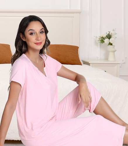Image of NACHILA Bamboo Viscose Women's Pajamas Set Short Sleeve Pjs and Capri Pants | Soft like cloud
