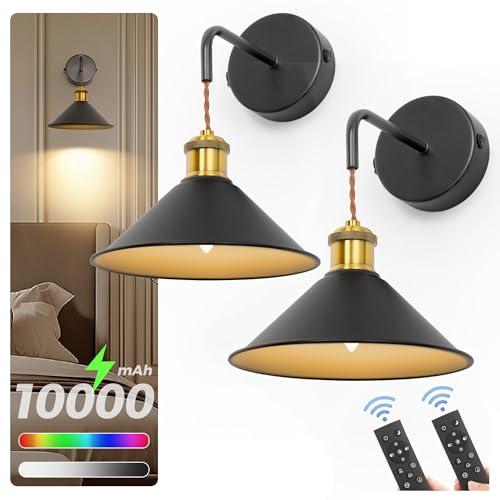 Image of DORESshop Battery Operated Wall Sconce Set of 2, 10000mAh Gold & Black Wireless Rechargeable Wall Lights, Hanging Wire Wall Sconce, 9 Adjustable Sconces Wall Decor for Bedroom Living Room Hallway