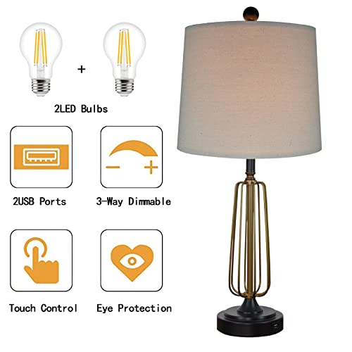 Raikage Retro Metal Decorative 24.5" Table Lamps For Bedrooms Set Of 2,Touch Control 3-Way Dimmable, With 2 Usb Charging Ports, Antique Farmhouse Traditional Bedsides Lamps #TOP4