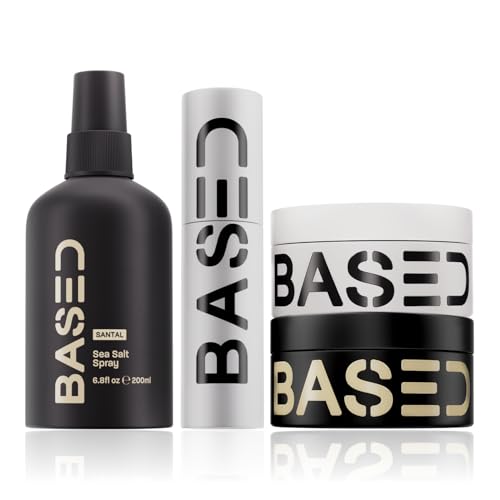 BASED Ultimate Straight & Wavy Bundle - Sea Salt Spray, Texture Powder, Hair Clay & Pomade - Complete Hair Styling Kit for Men - Natural Volume, Texture & Hold - Matte Finish