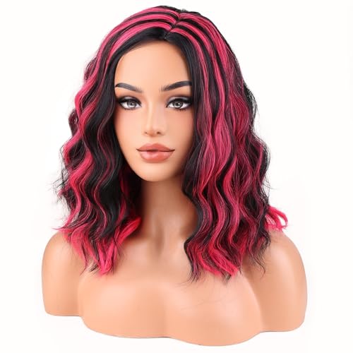 Image of BERON Women Black Highlights Hot Pink Short Curly Wavy Wig for Girls Two Tone Shoulder Length Body Wave Synthetic Halloween Cosplay Daily Party Wigs
