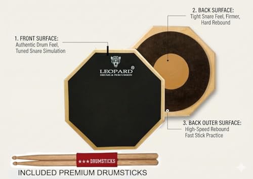 Image of LEOPARD 12 inch Double-Sided Drum Practice Pad with Drumsticks, Carry Bag & Stand, 3 Rebound Surfaces, Silent Snare Training Pad for Beginners, Students & Professional Drummers
