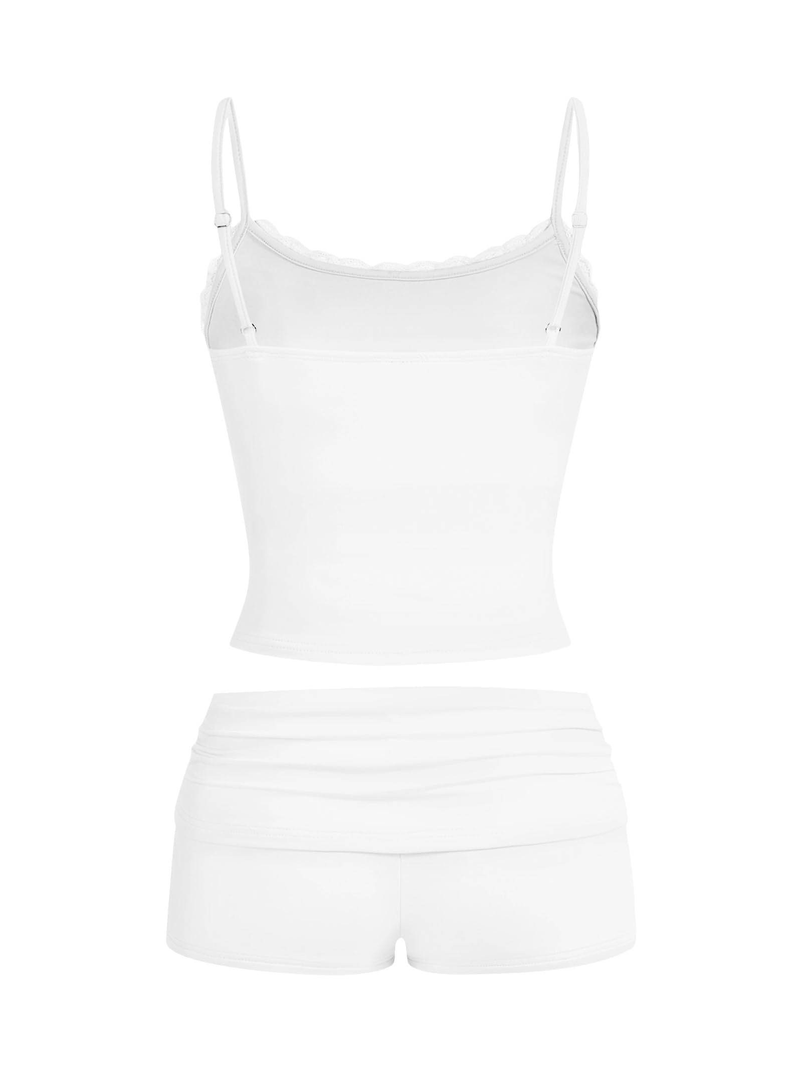 Hilinker Womens Sexy 2 Piece Pajama Set Lace Trim Ruched Cami and Shorts Summer Cute Pjs Pink White Stripe Small: Small White