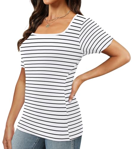 Image of XIEERDUO Womens Square Neck Short /Long SleeveTops 2024 Spring Summer Slim Fit Tees Shirts