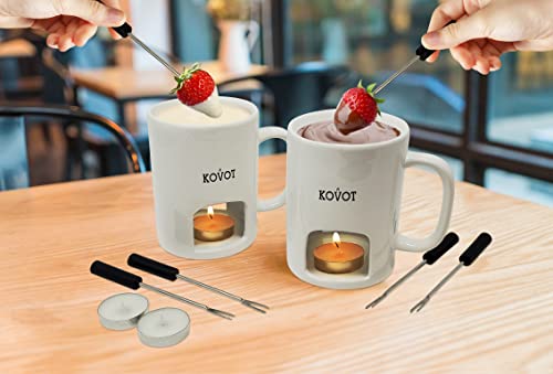 Kovot Personal Fondue Mugs Set Of 2 | Ceramic Mugs For Chocolate Or Cheese | Includes Forks And Tealights| Double Vented (White) #TOP4