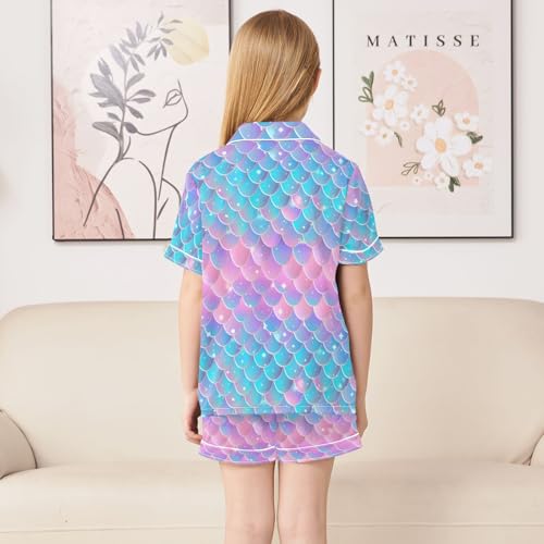 ALAZA Fish Scale Mermaid Blue Pink Satin Pajamas Set Short Sleeve Button Down Sleepwear Summer Pjs 2 Piece4