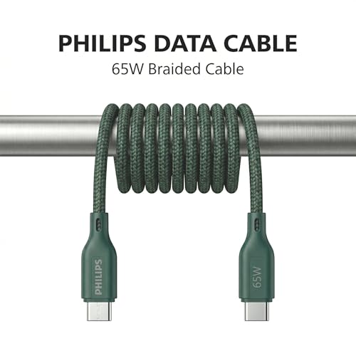 Image of PHILIPS DLC4160CT /94 65W Type-C to Type-C Fast Charging Cable (2m, Crystal Teal) | Nylon Braided | Compatible with iPhone 15+ Series, USB-C iPad Models, Samsung Galaxy & All Type C Devices