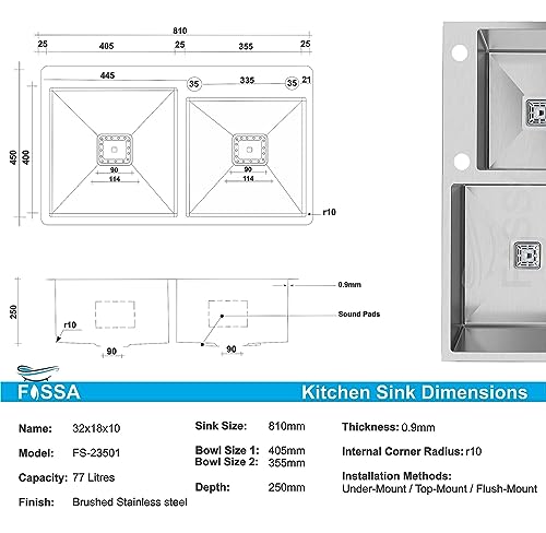 Image of Fossa 32 inchx18 inchx10 inch inch Double Bowl With Tap Hole Premium Stainless Steel Handmade Kitchen Sink (Matte Finish) Silver