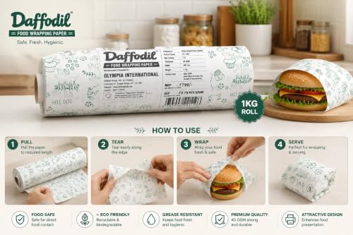 Image of DAFFODIL Food Wrapping Paper Roll 1kg | Premium Food Grade Greaseproof & Oil Resistant Wrapping Paper | Ideal for Sandwiches, Burgers, Bakery, Snacks, Takeaway & Food Packaging