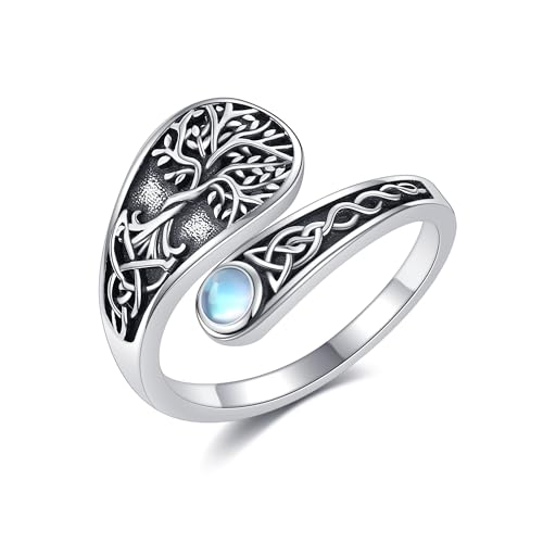 DAYLINLOVE Bague arbre de vie en argent sterling 925 - Nœud celtique - Pierre de lune - Réglable - Cadeau pour femme et fille, Métal précieux, Aucune pierre précieuse