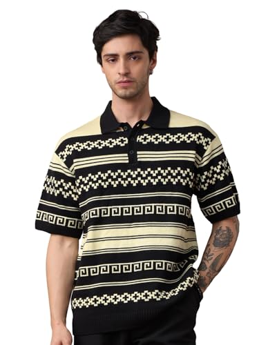 Image of The Souled Store Nomad: Old World Men and Boys Short Sleeve Spread Collar Black and Beige Geometric Print Acrylic Oversized Polos