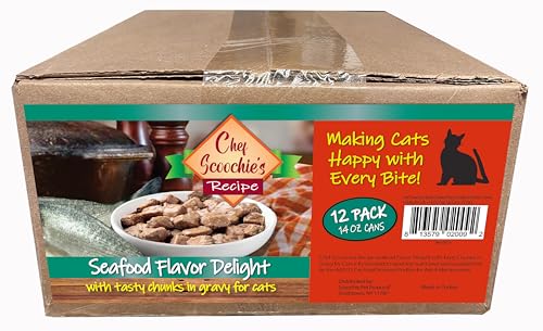 Image of Scoochie Pet Products Chef Scoochie's Tender Seafood Chunks in Gravy Wet Cat Food - Easy Open Pop-Top Cans - Protein & Essential Nutrients - Gourmet Meal for Indoor & Outdoor Cats 12 Cans (14 oz e.)
