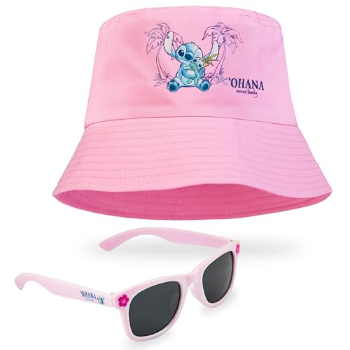 Disney Stitch Outdoor Hut mit Passender Sonnenbrille Kinder Größe, Anti-UV Shades + Sonnenhut Kinder, Langlebig Kinder Sonnenhut mit Innenschweißband, für 5-12 Jahre (Rosa)