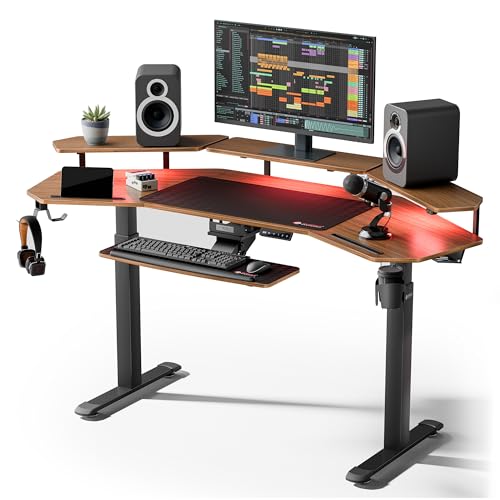 Image of EUREKA ERGONOMIC 72 inch Standing Desk, Adjustable Height Dual Motor Computer Desk with Keyboard Tray & LED Monitor Stand, Gaming Music Studio Workstation, Slot Design, Deep Walnut