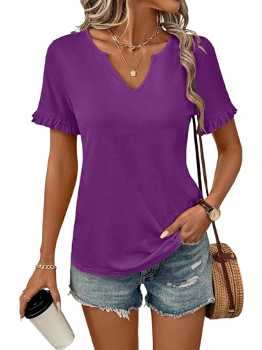 TICTICMIMI Women's V Neck Ruffle Short Sleeve Tops Summer Casual T Shirts