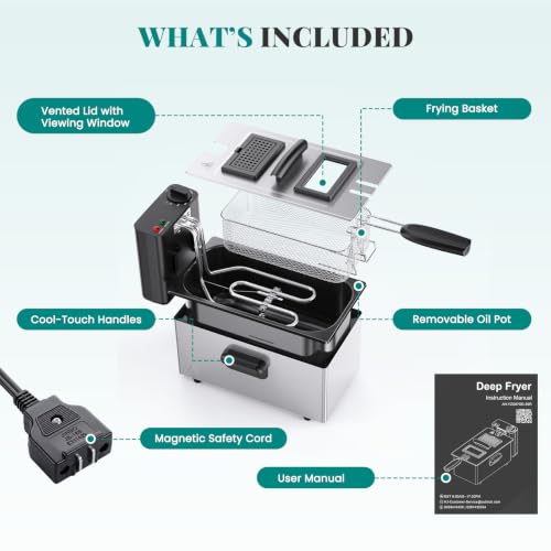 Image of OLIXIS Deep Fryer for Home Use, Small Electric Fryer with 3 Liter Capacity, 1500W Power, 4 Adjustable Temp, Lid with Viewing Window for Fried Chicken, Shrimp, French Fries, Silver
