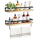 AMADA HOMEFURNISHING Bathroom Shelves with Towel Bar, Floating Shelves, Wall Shelves for Bathroom/Living Room/Kitchen/Bedroom, Light Brown, Set of 2 - AMFS01