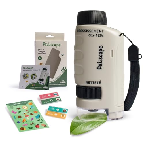 Petiscope – Microscope Enfant Portable 120x, Microscope de Poche Éducatif avec LED, Petit Scope Enfant avec Lamelles | Jouet Scientifique Filles Garçons 4-10 Ans (Beige, 1 Petiscope)