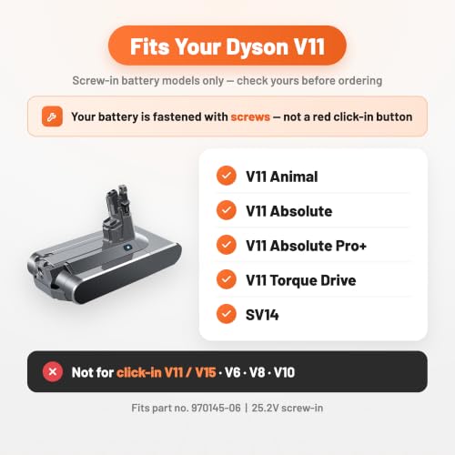 Image of ELO Dyson V11 Screw-in Replacement Battery 5000mAh for Animal, Absolute, Pro, Torque Drive, SV14, 25.2V, UL Certified, 95min ECO, Part 970145-06, 2 Filters + Clip + Screws