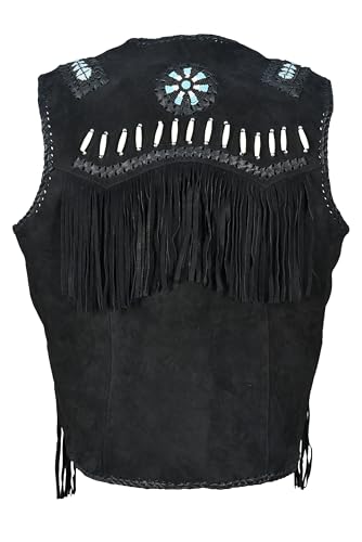 Men’s Western Cowhide Suede & Leather Vest – Beaded Fringe Yoke & Back Native-Inspired Cowboy Biker Vest3