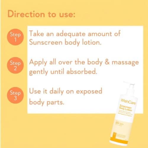 Image of WishCare Sunscreen Body Lotion with SPF 50 PA+++ In- Vivo Tested | Body Sunscreen With Broad Spectrum UVA & UVB Protection, No White Cast | With Carrot Seed & Raspberry | For All Skin Types | For Women & Men | 450ml