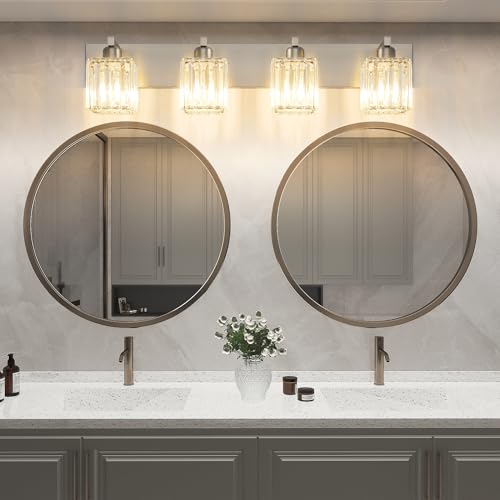 Image of Aipsun Brushed Nickel Bathroom Lighting Fixtures 4 Light Crystal Modern Bathroom Vanity Light (Exclude Bulb)