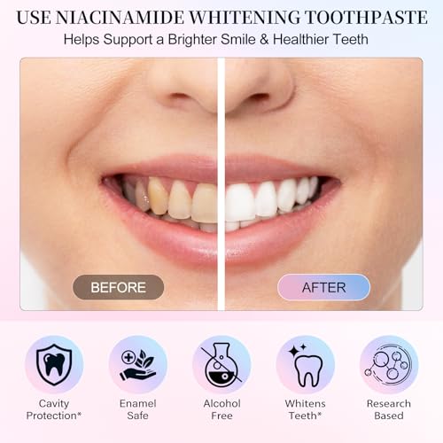 Image of Niacinamide Whitening Toothpaste, 2 Pack Intensive Stain Removal Toothpaste for Yellow Teeth, Gum Care, Fresh Mint & Peach Breath, Tartar Control, Deep Clean for Men and Women, 3.5oz