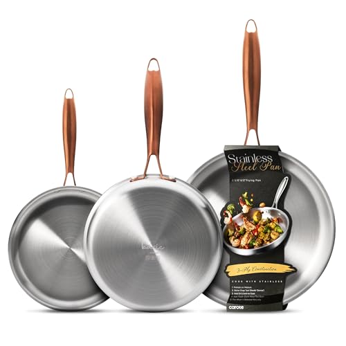 CAROTE 3-Piece Tri-Ply Stainless Steel Frying Pan Set, Skillet Set 8'/10'/12', Induction Compatible, Oven & Dishwasher Safe, Gold Handle, Mothers Day Gifts