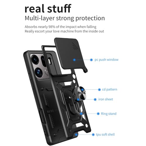 Image of Casodon Heavy Duty Back Case Cover for Oppo Find X9 Pro 5G, Shockproof Oppo Find X9 Pro Back Cover, Ring Case with Kickstand and Camera Protection Shutter - Black