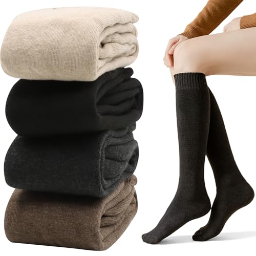 Solivive 4 Pares Calcetines Altos Mujer,Tejido Suave y Resistente Al desgaste Calcetines Termicos Mujers,Calcetines Largos Mujer,Modernos y Versátiles, Regalo (Negro/Gris oscuro/Café/Avena)
