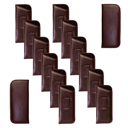 Image of Calabria Slip-In Eye Glasses Case w /Plastic Pocket Clip Faux Leather Felt Brown Men Women Eyeglass Pouch Sunglasses Holder - 12PACK