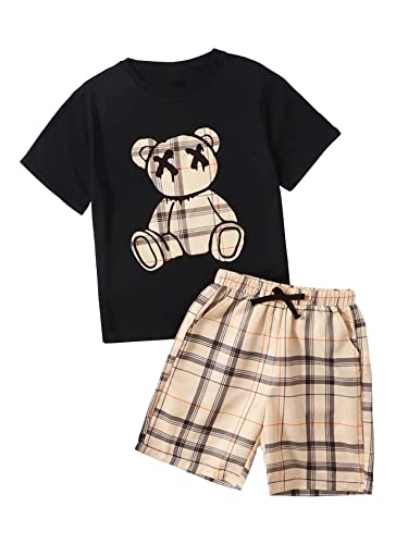 Image of KIDLAGA Kids Toddler Boy Clothes Outfits Bear Print Tee + Plaid Shorts 2 Pieces Summer Shorts Set