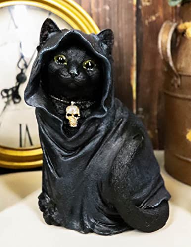 Ebros Gift Lifelike Halloween Black Cat with Zealot Sorcerer Cloak and Necromancer Skull Necklace Figurine with Glass Eyes Witch Wicca Occult Magic Feline Cats Decor Figurine