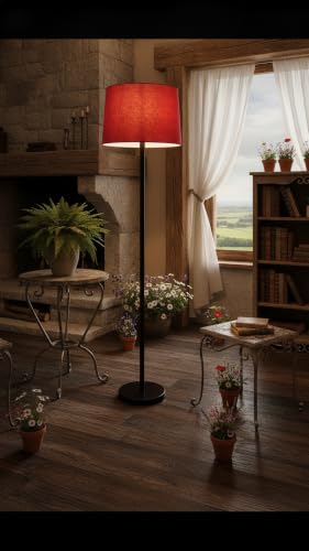 Image of Modern Floor Lamp with Fabric Shade, Metal Base, (Red)