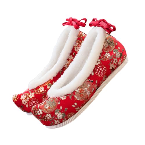 Chaussures brodées en tissu et peluche rouge BestonZON style ethnique