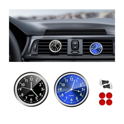 DXNQ 2PCS Stick on Dashboard Car Clock, Mini Luminous Analog Clock with Vent Clip & Adhesive Tape, Tiny Watch Pocket Clock Air Vent Dashboard Decor for Car Motorcycle Bike Home (Blue+Black)