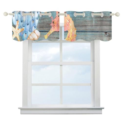 Cortinas vintage con cenefa de caballito de mar coral para ventanas de cocina y playa 3