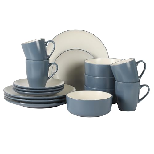 Image of Gibson Elite Oxford Blue Plates and Bowls Sets, 16 Piece Stoneware Dinnerware Sets for 4, Two Tone Dishware Sets, Dinner Plates Dessert Plates Bowls Mugs
