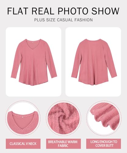 Image of RITERA Plus Size Sweater, Ribbed Long Sleeve Solid Top for Women | Soft vertical ribbed knit, modest V neck, loose long sleeves, curved swing hem, slimming casual layering top for curvy women