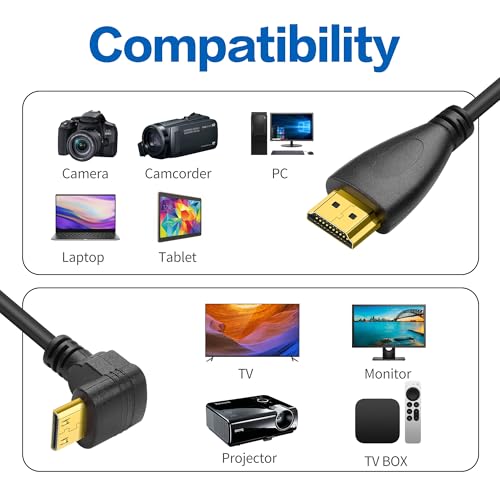90 Degree Mini HDMI Coiled Cable YACSEJAO Mini HDMI Male to HDMI Male Stretch Coiled Cord for Cameras, DSLRs, Camcorders, Portable Screens and Monitors (Down Angle)