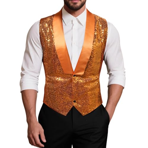 Men's Sequin Vest Formal V-neck Slim Fit Shiny Waistcoat Two Buttons Sparkly Casual Vests Wedding Prom Party Tuxedo