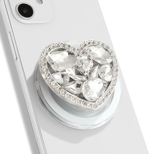 OnTheGrip Compatible with Magsafe Cute Cubic Diamond Heart Shape Design Collapsible Mobile Phone Grip Stand Holder for Smartphone Tablet Cell Phone Accessory (Silver Small)